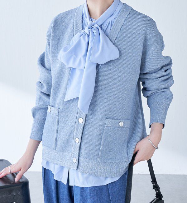 「ツヤボタンカーディガン」|ニット・セーター|サックスブルー