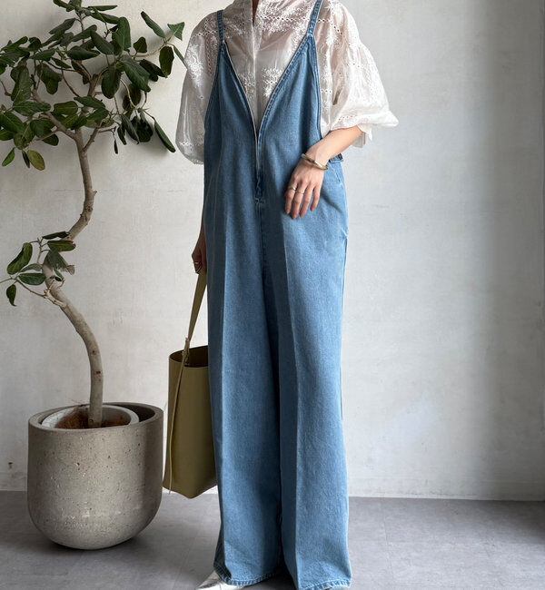  「細紐デニムフロントジップサロペット」|ワンピース|