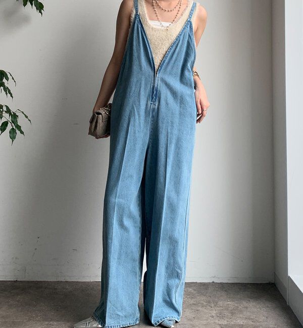  「細紐デニムフロントジップサロペット」|ワンピース|