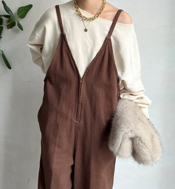  「細紐デニムフロントジップサロペット」|ワンピース|