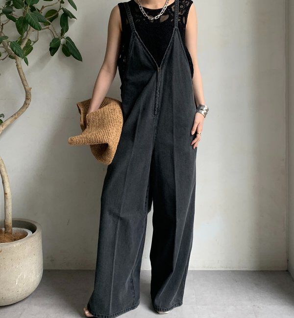  「細紐デニムフロントジップサロペット」|ワンピース|