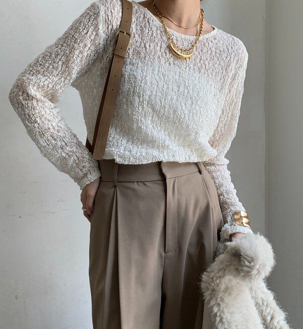  「リンクルフラワーシャーリングプルオーバー」|Tシャツ・カットソー|オフホワイト