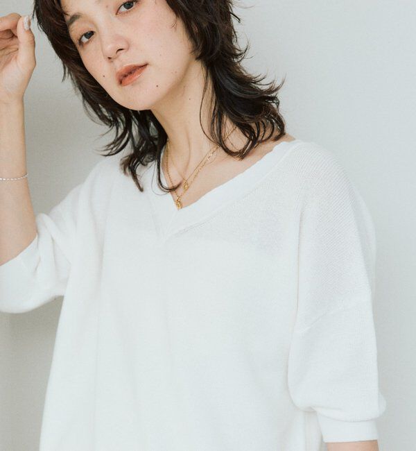  「【手洗い可能】ギマコットン片畦Vネックニット」|ニット・セーター|