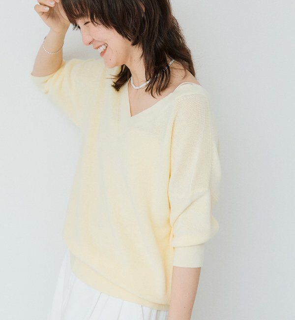  「【手洗い可能】ギマコットン片畦Vネックニット」|ニット・セーター|