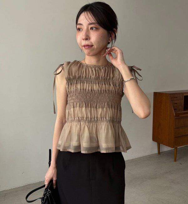  「【褒められトップス/360度スタイルアップ】オーガンジーペプラムブラウス」|シャツ・ブラウス|