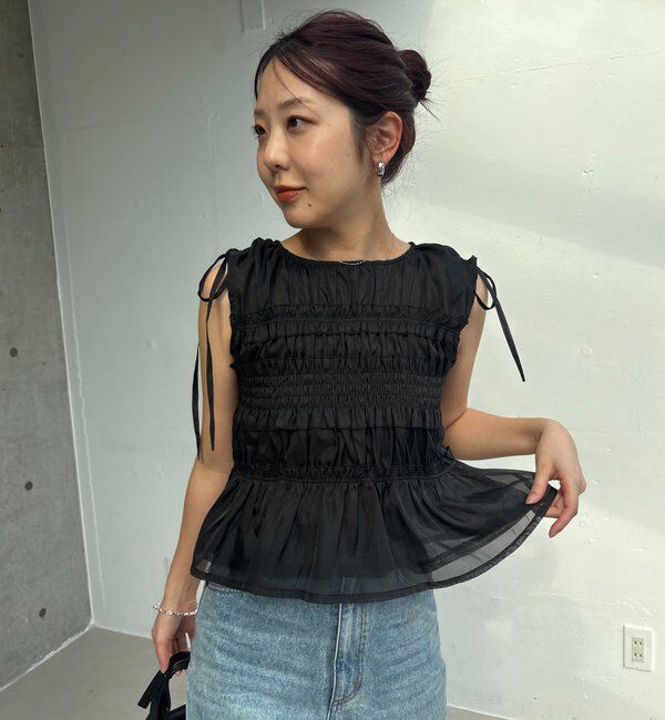  「【褒められトップス/360度スタイルアップ】オーガンジーペプラムブラウス」|シャツ・ブラウス|