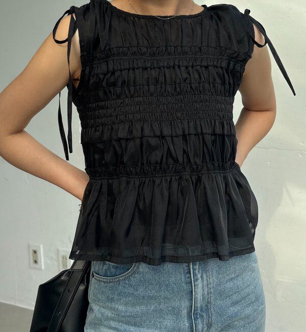  「【褒められトップス/360度スタイルアップ】オーガンジーペプラムブラウス」|シャツ・ブラウス|