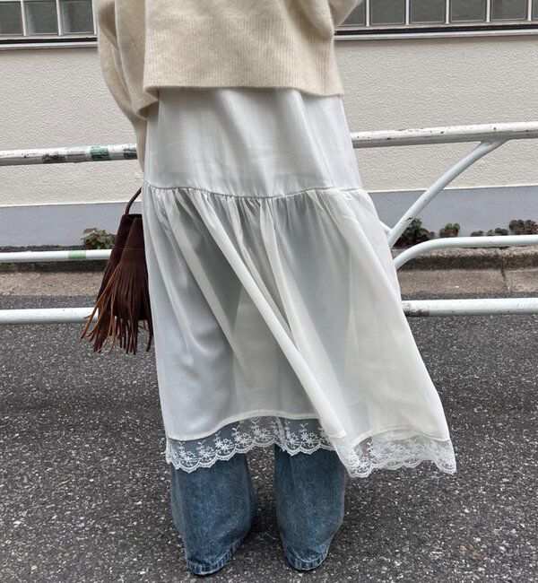  「裾レース切替サテンキャミワンピース」|ワンピース|