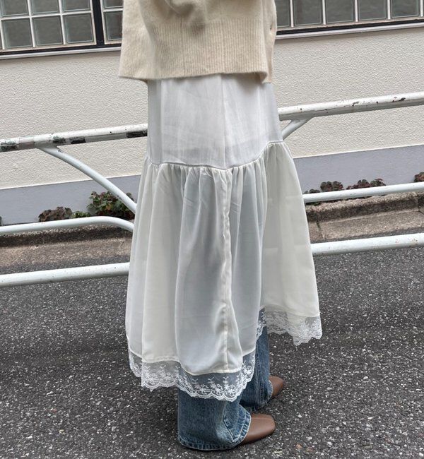  「裾レース切替サテンキャミワンピース」|ワンピース|