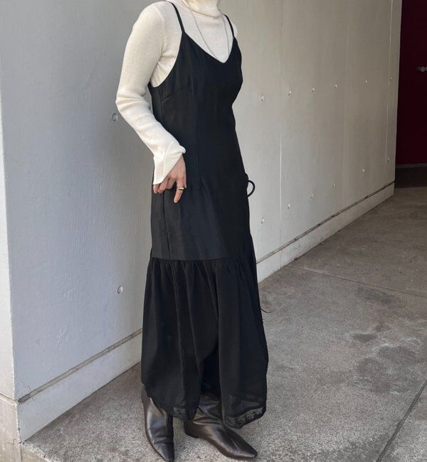  「裾レース切替サテンキャミワンピース」|ワンピース|