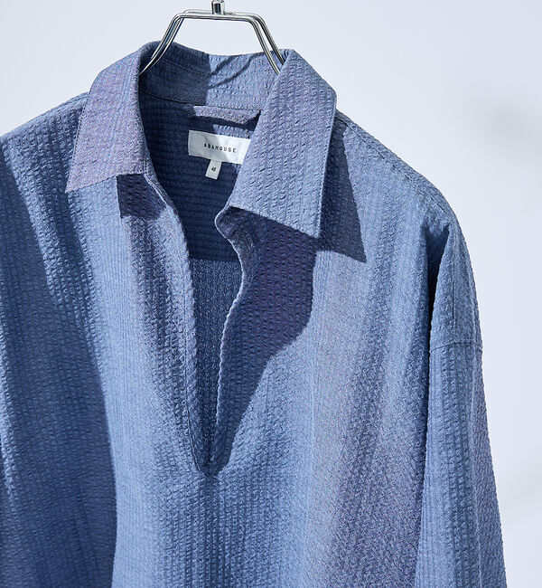 ABAHOUSE「サッカーストライプ スキッパーシャツ / オーバーサイズ / 半袖シャツ」|シャツ・ブラウス|インディゴ