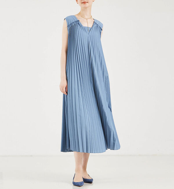 qualite「サーキュラープリーツワンピース」|ワンピース|ブルー