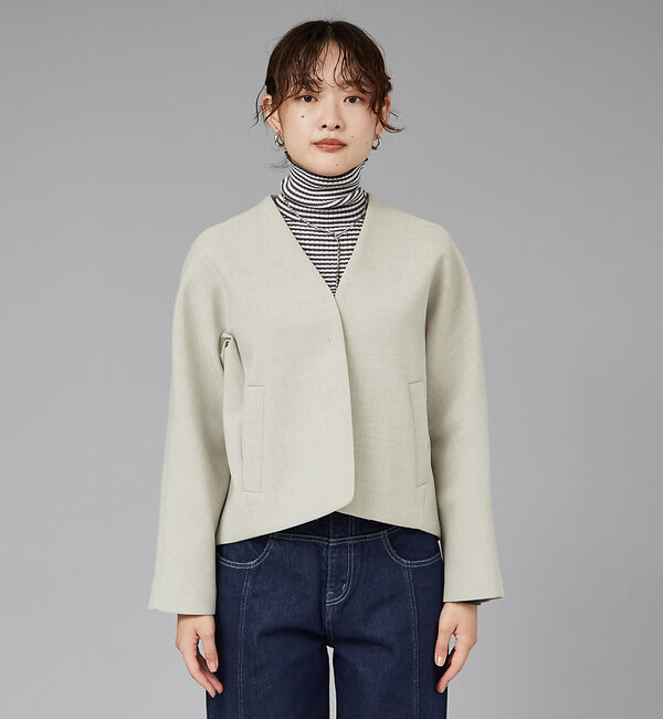 qualite「ボンディングショートコート」|ノーカラーコート|