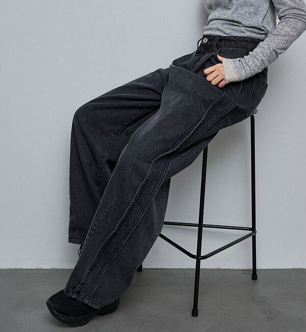 NOMINE「サイドライン タック ワイド ハイウエスト デニムパンツ」|デニム|
