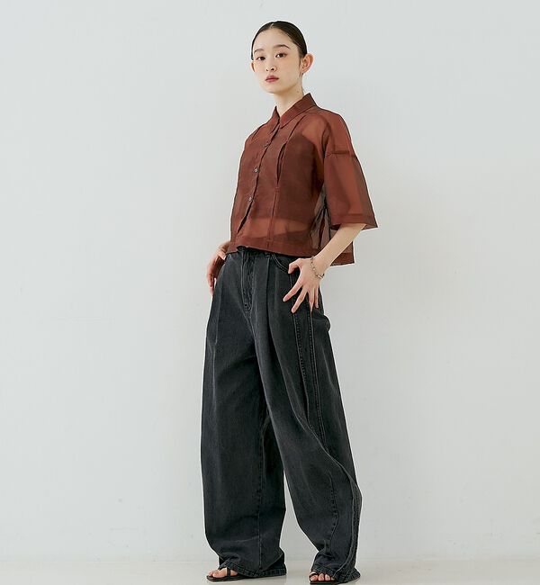 NOMINE「サイドライン タック ワイド ハイウエスト デニムパンツ」|デニム|