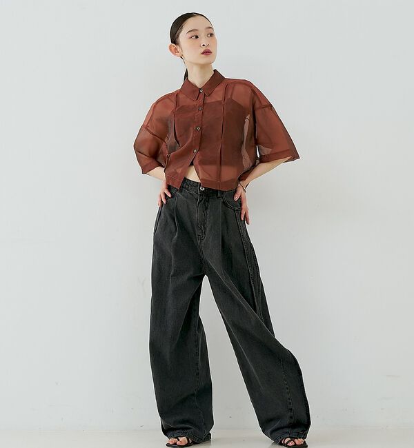 NOMINE「サイドライン タック ワイド ハイウエスト デニムパンツ」|デニム|