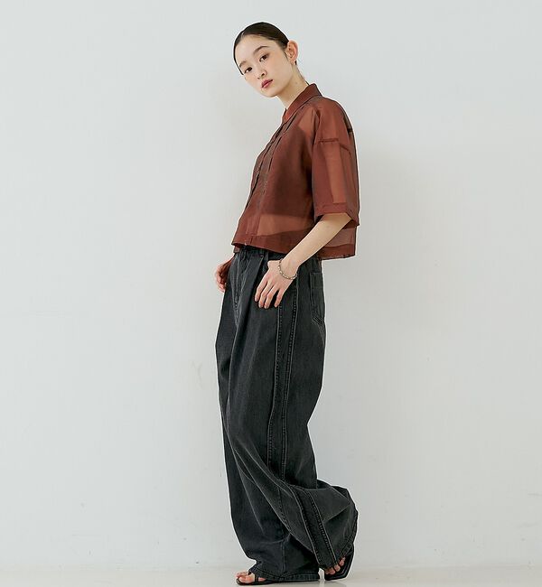 NOMINE「サイドライン タック ワイド ハイウエスト デニムパンツ」|デニム|