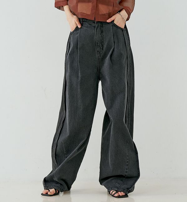 NOMINE「サイドライン タック ワイド ハイウエスト デニムパンツ」|デニム|