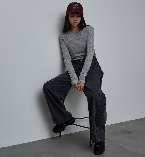 NOMINE「サイドライン タック ワイド ハイウエスト デニムパンツ」|デニム|