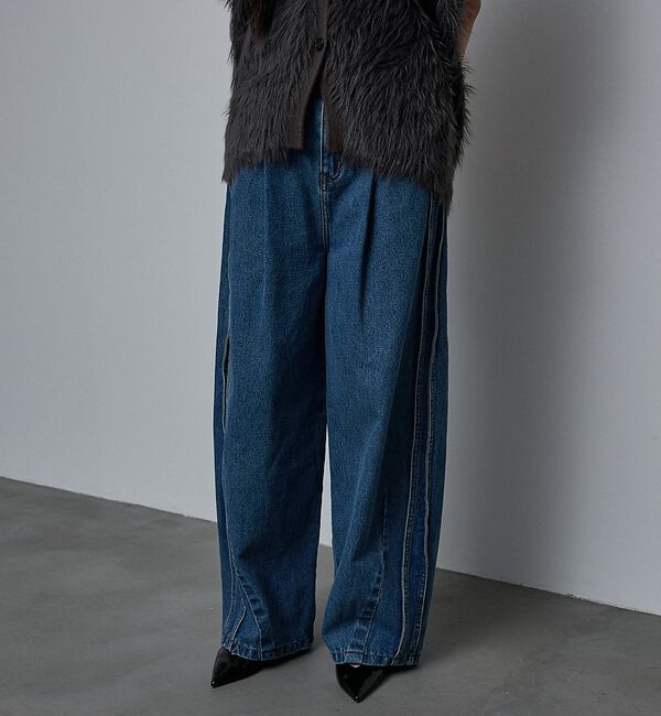 NOMINE「サイドライン タック ワイド ハイウエスト デニムパンツ」|デニム|