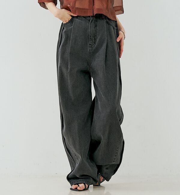 NOMINE「サイドライン タック ワイド ハイウエスト デニムパンツ」|デニム|