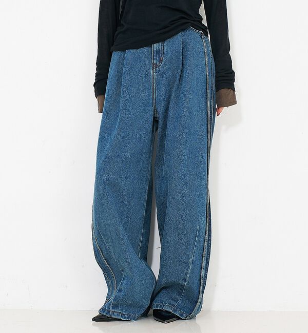 NOMINE「サイドライン タック ワイド ハイウエスト デニムパンツ」|デニム|