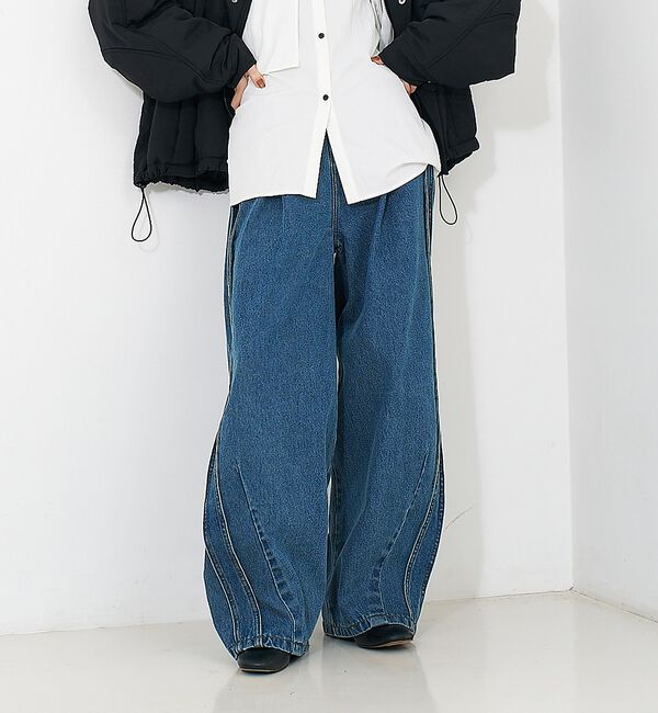 NOMINE「サイドライン タック ワイド ハイウエスト デニムパンツ」|デニム|