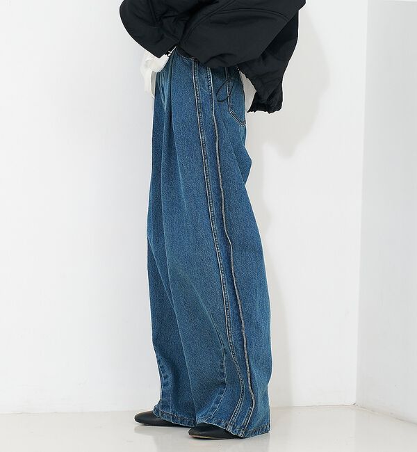 NOMINE「サイドライン タック ワイド ハイウエスト デニムパンツ」|デニム|