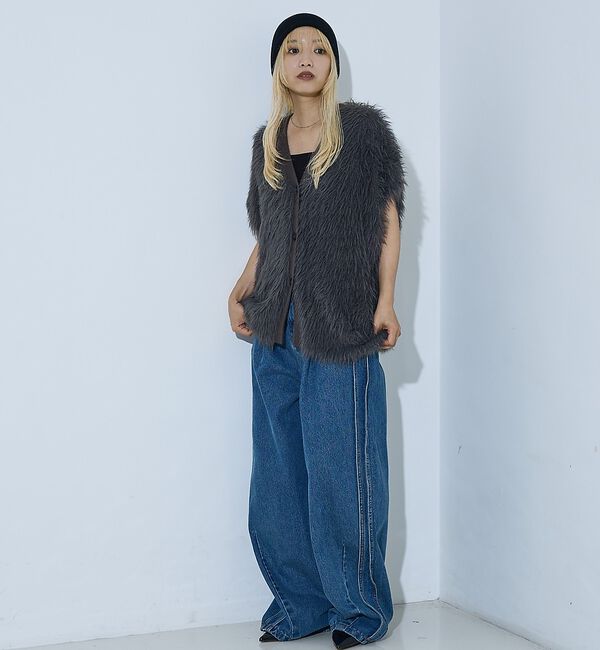 NOMINE「サイドライン タック ワイド ハイウエスト デニムパンツ」|デニム|