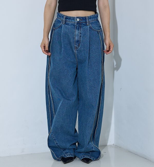 NOMINE「サイドライン タック ワイド ハイウエスト デニムパンツ」|デニム|