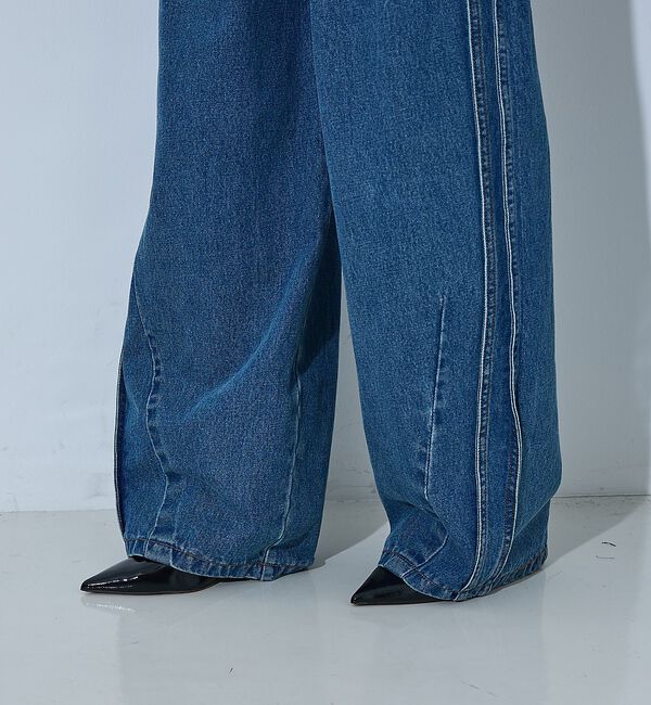 NOMINE「サイドライン タック ワイド ハイウエスト デニムパンツ」|デニム|