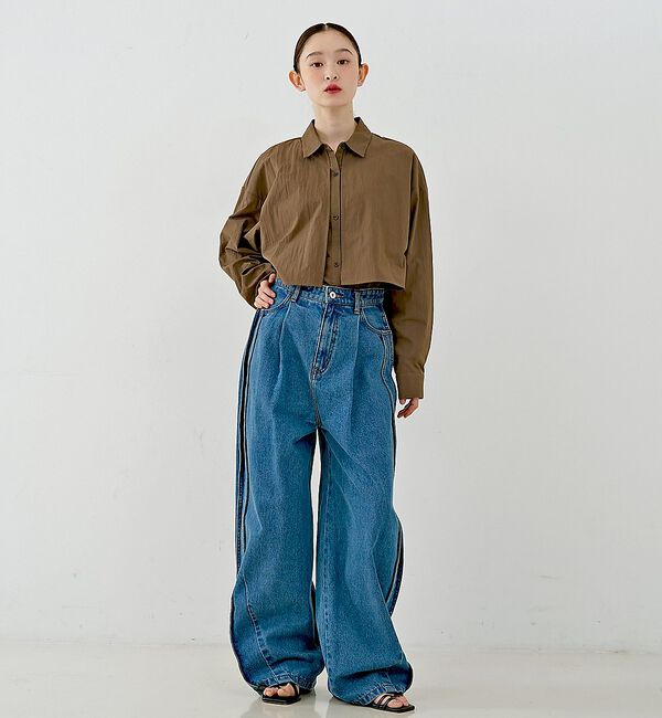 NOMINE「サイドライン タック ワイド ハイウエスト デニムパンツ」|デニム|