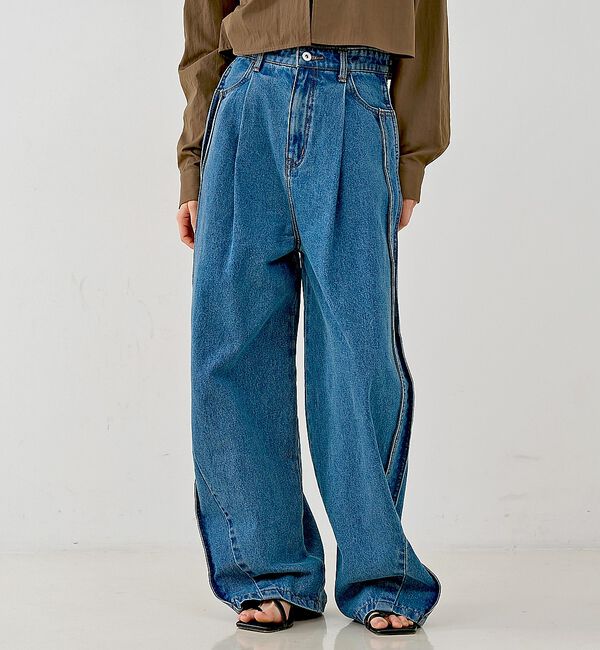 NOMINE「サイドライン タック ワイド ハイウエスト デニムパンツ」|デニム|