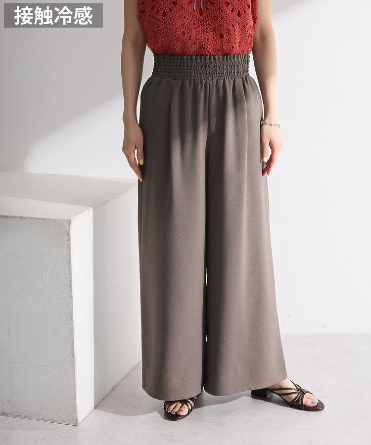 Green Parks「麻調ウエストギャザーフレアワイドパンツ」|その他|Brown