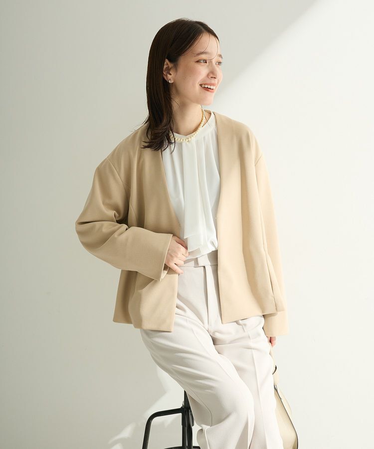 Green Parks「O.洗えてストレッチ ノーカラージャケット」|テーラードジャケット|Light beige