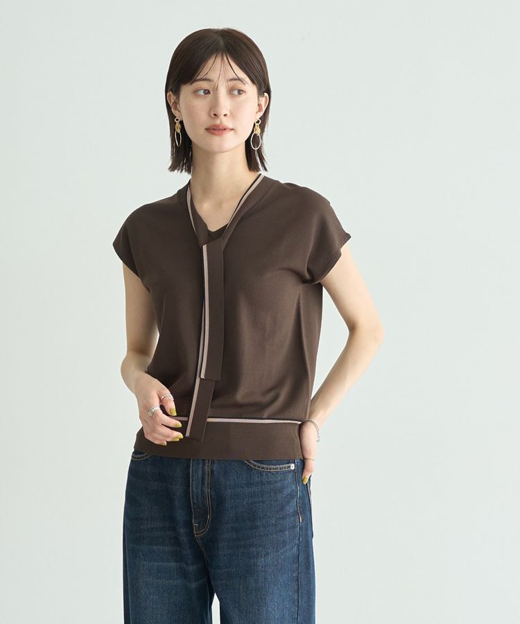 YECCA VECCA「【UVカット】配色ボウタイニット」|ニット・セーター|Brown