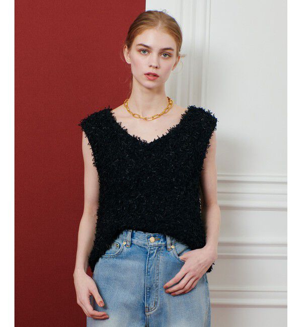 LOULOU WILLOUGHBY「【LOULOU WILLOUGHBY】リボンシャギープルオーバー」|ニット・セーター|ブラック