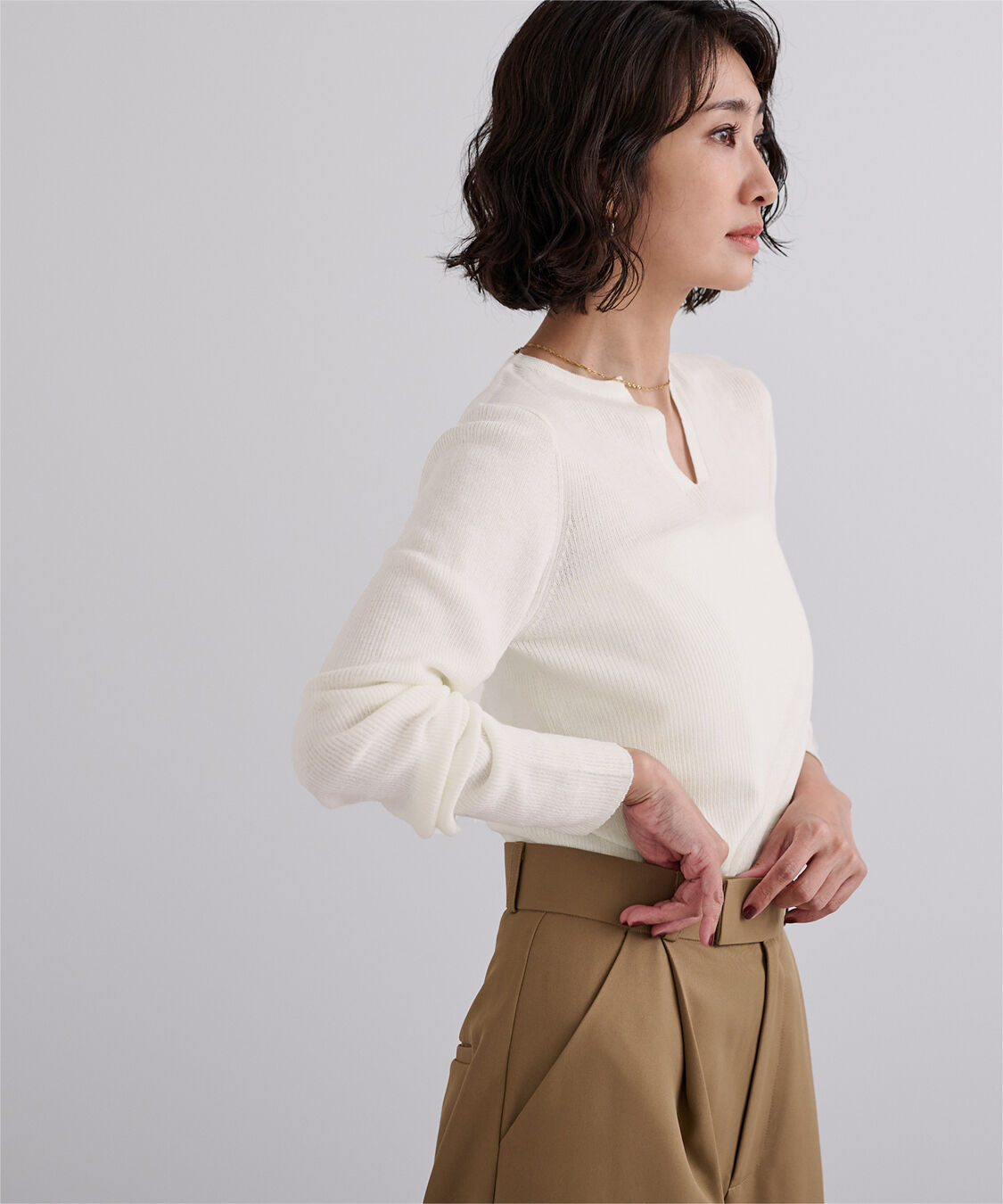 ur's「チクチクしないウールブレンドキーネックリブニット」|ニット・セーター|