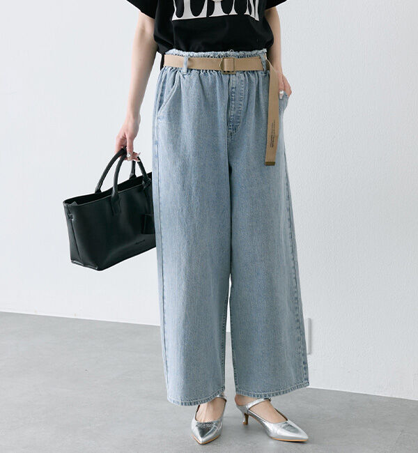  「ベルト付き綿麻デニムパンツ」|デニム|