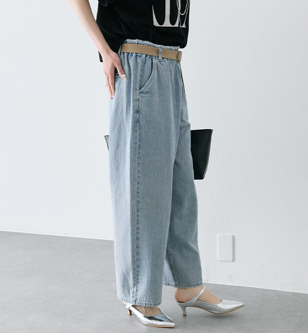  「ベルト付き綿麻デニムパンツ」|デニム|