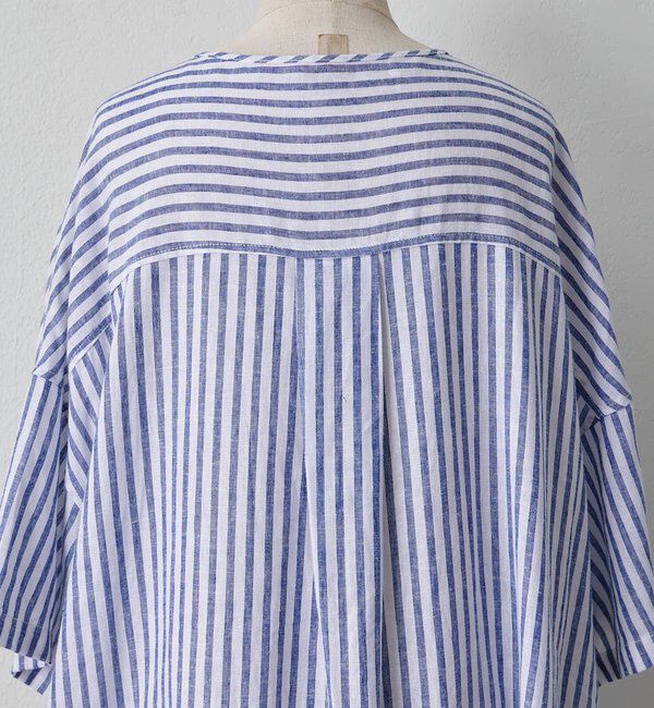  「麻レーヨンストライプヘンリーネックワンピース」|ワンピース|