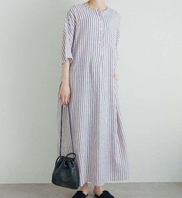  「麻レーヨンストライプヘンリーネックワンピース」|ワンピース|ブラウン系その他