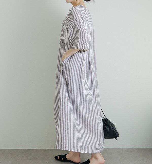  「麻レーヨンストライプヘンリーネックワンピース」|ワンピース|