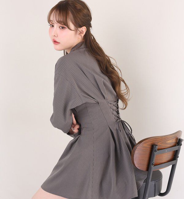  「【マイナス5キロ見え】レースアップシャツチュニック」|シャツ・ブラウス|グレー系その他