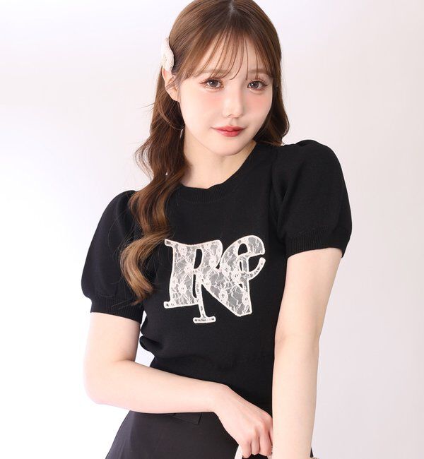  「レースロゴ半袖ニット」|ニット・セーター|ブラック