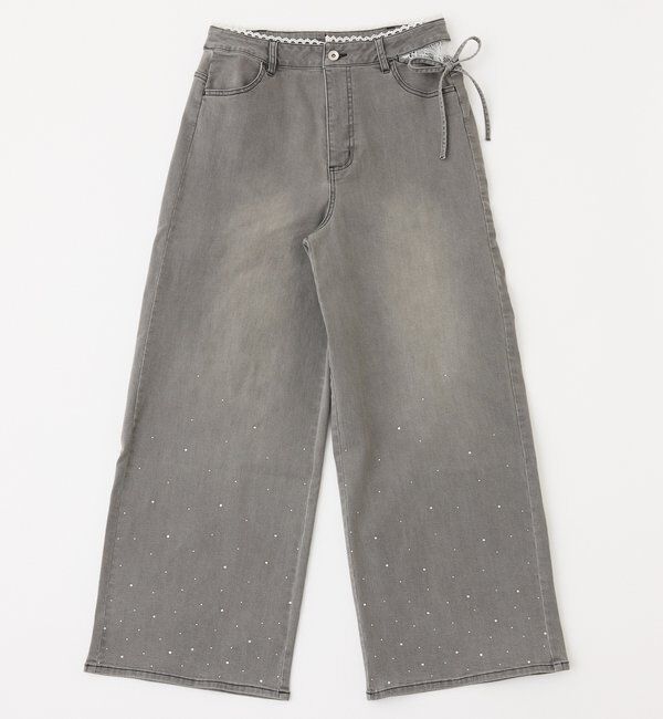  「【XSサイズあり・ウエストサイズ調整可】サイドカットレースビジューワイドデニム」|その他|