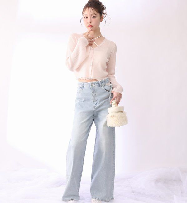  「【XSサイズあり・ウエストサイズ調整可】サイドカットレースビジューワイドデニム」|その他|