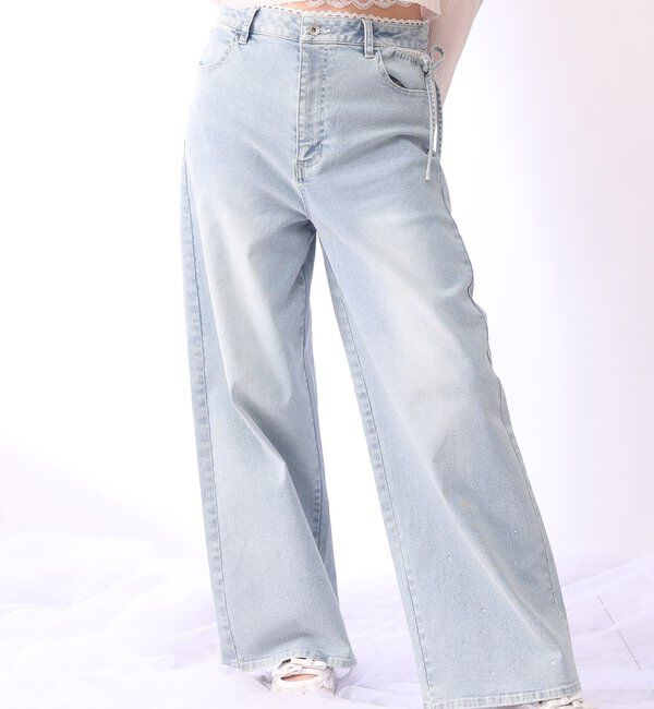  「【XSサイズあり・ウエストサイズ調整可】サイドカットレースビジューワイドデニム」|その他|