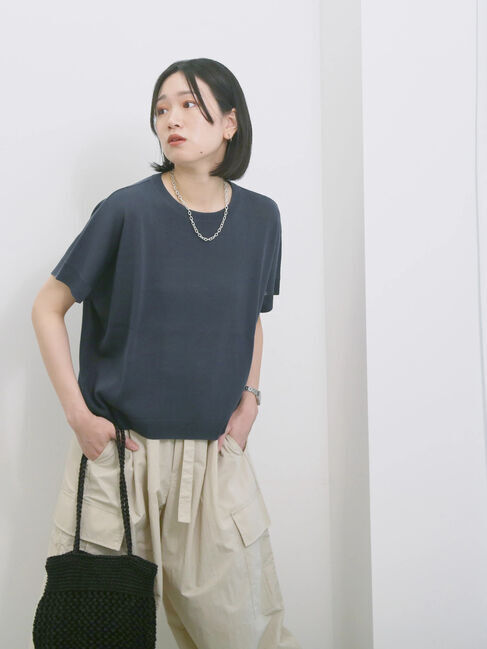 Samansa Mos2 blue「【マシンウォッシャブル】麻タッチニットプルオーバー」|ニット・セーター|