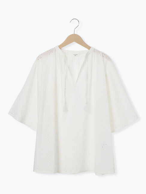 Samansa Mos2 blue「【Made in India】タッセル付ギャザーレースブラウス」|シャツ・ブラウス|